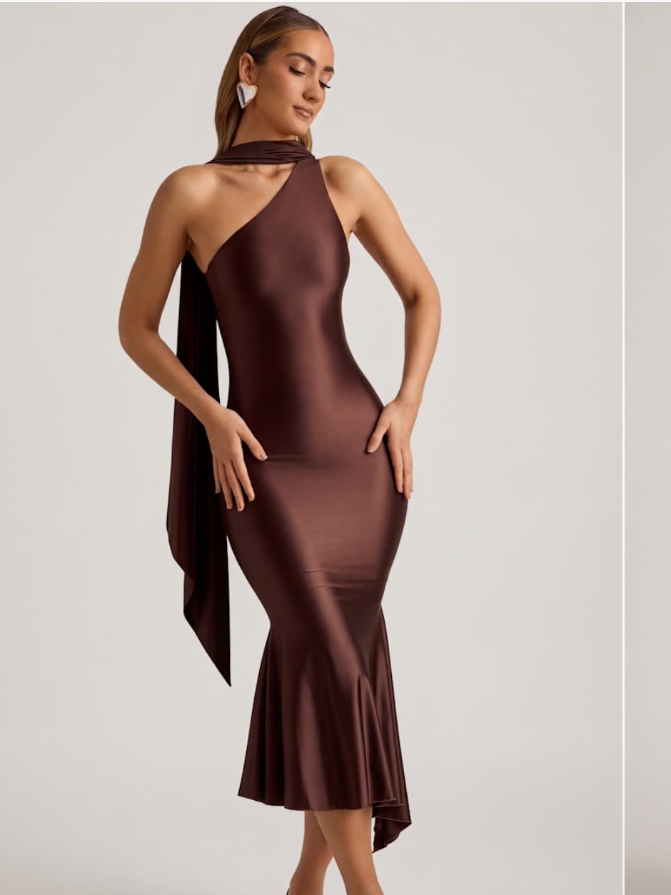 Oh Polly Chocolate Brown Asymmetrical Scarf Midi Dress